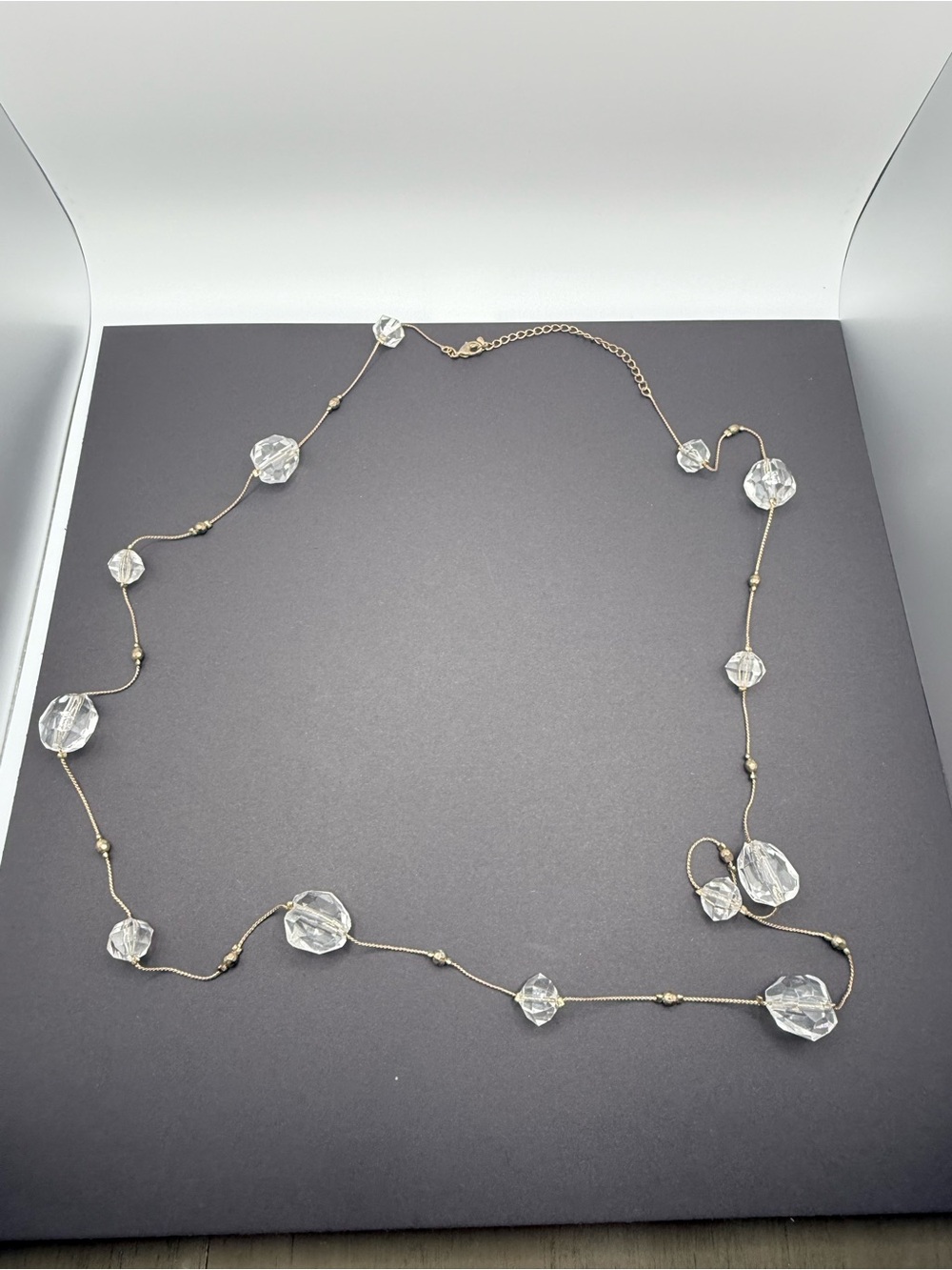 Double or Single Strand Gold Tone Necklace with Clear Crystal Beads